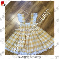 Yellow white lattice design ruffle shoulder dress